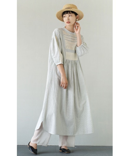 apartment department（アパートメントデパートメント）の「レースヨーク切替 ストライプワンピース（ワンピース・レディース・グリーン/ブルー・M）」の5枚目の写真