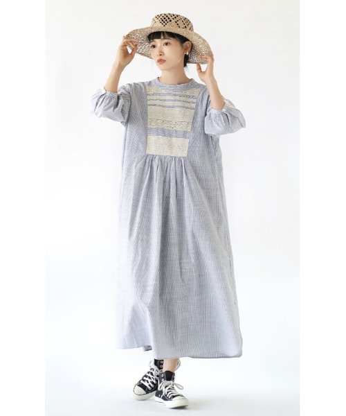 apartment department（アパートメントデパートメント）の「レースヨーク切替 ストライプワンピース（ワンピース・レディース・グリーン/ブルー・M）」の4枚目の写真