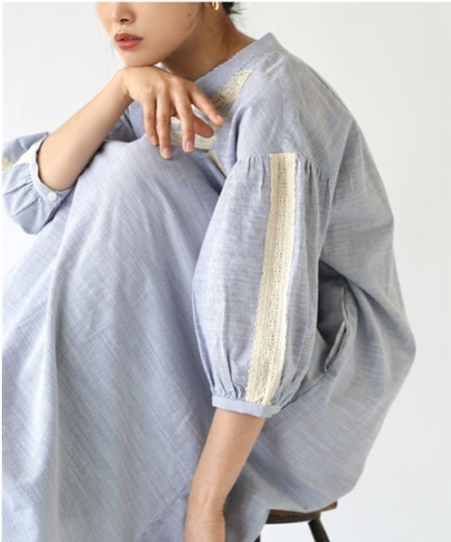 apartment department（アパートメントデパートメント）の「レースヨーク切替 ストライプワンピース（ワンピース・レディース・グリーン/ブルー・M）」の10枚目の写真