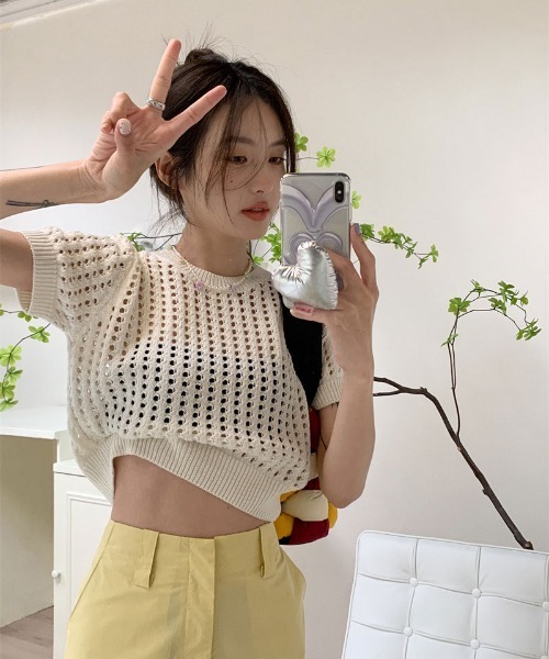 ibeul_（イベール）の「メッシュ半袖ニットトップス（Tシャツ/カットソー・レディース・ホワイト/グリーン/ピンク・FREE）」の6枚目の写真