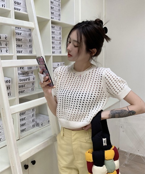 ibeul_（イベール）の「メッシュ半袖ニットトップス（Tシャツ/カットソー・レディース・ホワイト/グリーン/ピンク・FREE）」の5枚目の写真