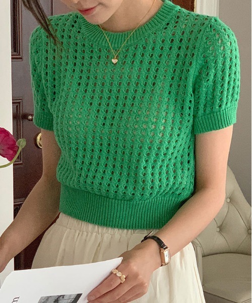 ibeul_（イベール）の「メッシュ半袖ニットトップス（Tシャツ/カットソー・レディース・ホワイト/グリーン/ピンク・FREE）」の4枚目の写真