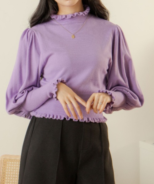 OLUPIC(オルピック)の「OLUPIC/フリルショートニットトップス(ニット/セーター・レディース・ライトパープル/ベージュ/ブラウン/ホワイト/ピンク/サックスブルー/ブラック/ダークオレンジ・FREE)」の6枚目の写真
