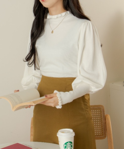 OLUPIC(オルピック)の「OLUPIC/フリルショートニットトップス(ニット/セーター・レディース・ライトパープル/ベージュ/ブラウン/ホワイト/ピンク/サックスブルー/ブラック/ダークオレンジ・FREE)」の9枚目の写真