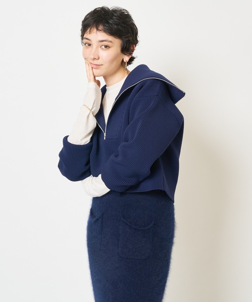 Whim Gazette（ウィムガゼット）の「【THE PAUSE】ビッグカラーハーフジッププルオーバー（ニット/セーター・レディース・ネイビー/アイボリー・FREE）」の22枚目の写真