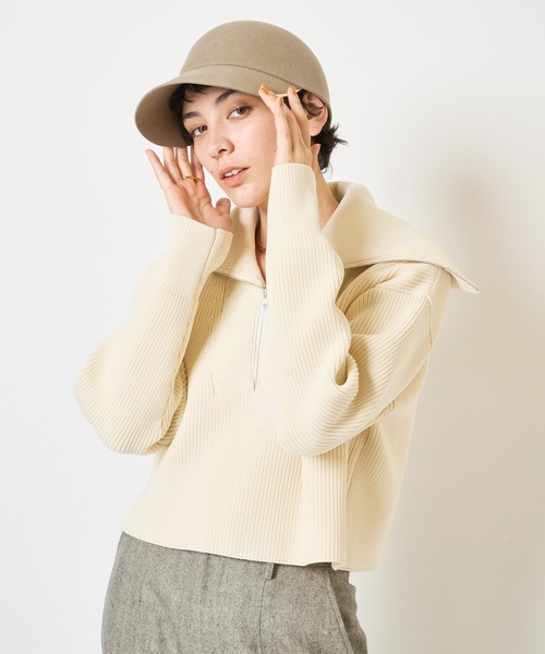 Whim Gazette（ウィムガゼット）の「【THE PAUSE】ビッグカラーハーフジッププルオーバー（ニット/セーター・レディース・ネイビー/アイボリー・FREE）」の4枚目の写真