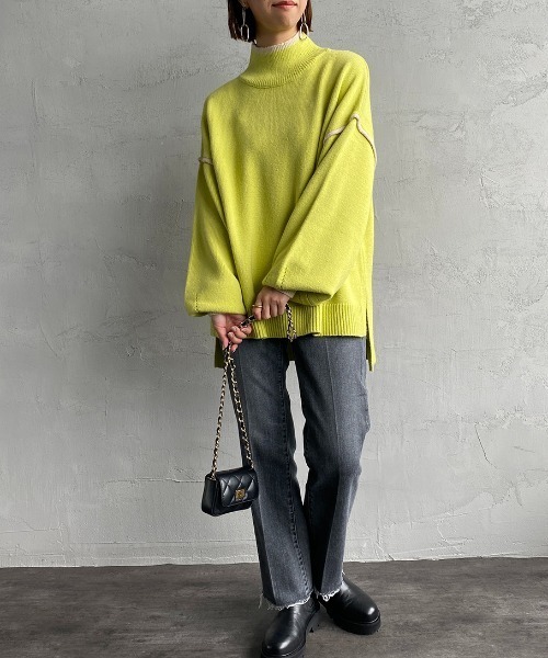 JEANS FACTORY （ジーンズファクトリー）の「[MAISON DE L'ALLURE/メゾンドゥラリュール] 配色パイピング タートルネックニットプルオーバー（ニット/セーター・レディース・イエロー/オレンジ/ブラック/オフホワイト/ブルー・F）」の9枚目の写真