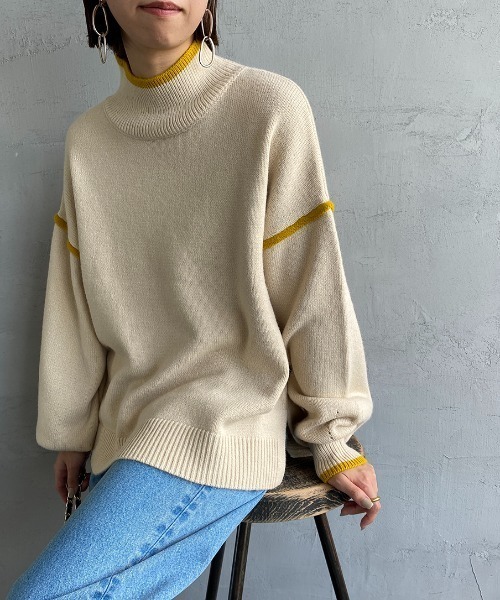 JEANS FACTORY （ジーンズファクトリー）の「[MAISON DE L'ALLURE/メゾンドゥラリュール] 配色パイピング タートルネックニットプルオーバー（ニット/セーター・レディース・イエロー/オレンジ/ブラック/オフホワイト/ブルー・F）」の19枚目の写真