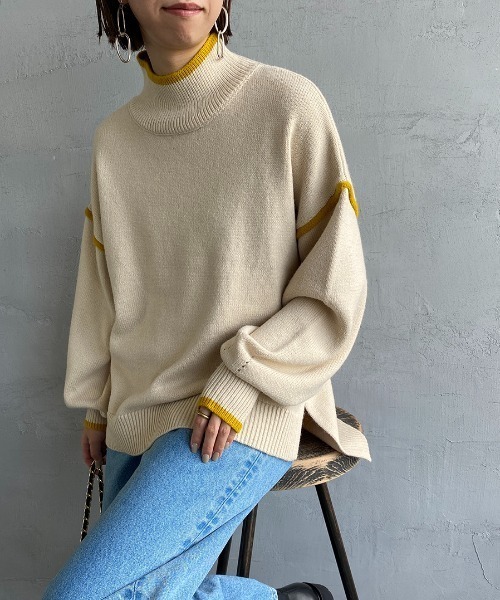 JEANS FACTORY （ジーンズファクトリー）の「[MAISON DE L'ALLURE/メゾンドゥラリュール] 配色パイピング タートルネックニットプルオーバー（ニット/セーター・レディース・イエロー/オレンジ/ブラック/オフホワイト/ブルー・F）」の18枚目の写真