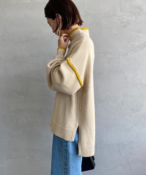 JEANS FACTORY （ジーンズファクトリー）の「[MAISON DE L'ALLURE/メゾンドゥラリュール] 配色パイピング タートルネックニットプルオーバー（ニット/セーター・レディース・イエロー/オレンジ/ブラック/オフホワイト/ブルー・F）」の13枚目の写真
