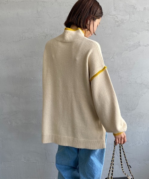 JEANS FACTORY （ジーンズファクトリー）の「[MAISON DE L'ALLURE/メゾンドゥラリュール] 配色パイピング タートルネックニットプルオーバー（ニット/セーター・レディース・イエロー/オレンジ/ブラック/オフホワイト/ブルー・F）」の14枚目の写真