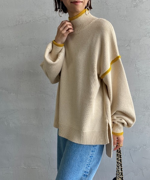 JEANS FACTORY （ジーンズファクトリー）の「[MAISON DE L'ALLURE/メゾンドゥラリュール] 配色パイピング タートルネックニットプルオーバー（ニット/セーター・レディース・イエロー/オレンジ/ブラック/オフホワイト/ブルー・F）」の12枚目の写真