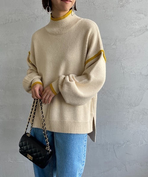 JEANS FACTORY （ジーンズファクトリー）の「[MAISON DE L'ALLURE/メゾンドゥラリュール] 配色パイピング タートルネックニットプルオーバー（ニット/セーター・レディース・イエロー/オレンジ/ブラック/オフホワイト/ブルー・F）」の11枚目の写真