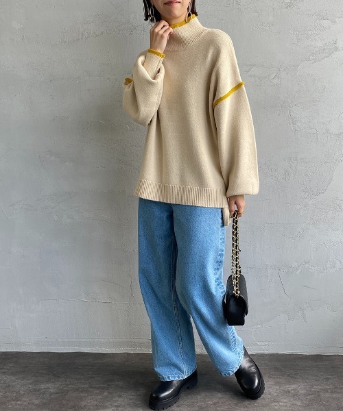 JEANS FACTORY （ジーンズファクトリー）の「[MAISON DE L'ALLURE/メゾンドゥラリュール] 配色パイピング タートルネックニットプルオーバー（ニット/セーター・レディース・イエロー/オレンジ/ブラック/オフホワイト/ブルー・F）」の6枚目の写真