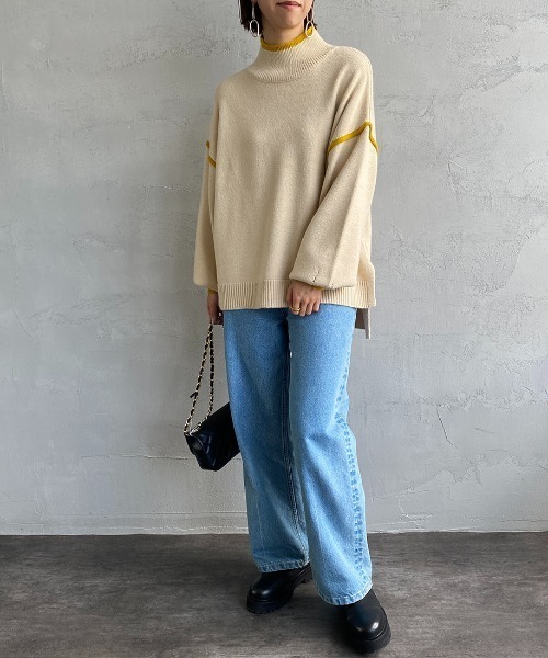 JEANS FACTORY （ジーンズファクトリー）の「[MAISON DE L'ALLURE/メゾンドゥラリュール] 配色パイピング タートルネックニットプルオーバー（ニット/セーター・レディース・イエロー/オレンジ/ブラック/オフホワイト/ブルー・F）」の15枚目の写真