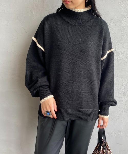 JEANS FACTORY （ジーンズファクトリー）の「[MAISON DE L'ALLURE/メゾンドゥラリュール] 配色パイピング タートルネックニットプルオーバー（ニット/セーター・レディース・イエロー/オレンジ/ブラック/オフホワイト/ブルー・F）」の22枚目の写真