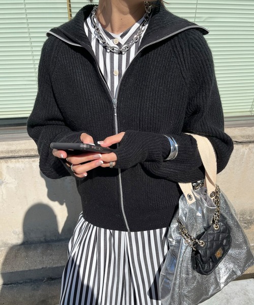 DouDou（ドゥドゥ）の「ジップニット（ニット/セーター・レディース・オフホワイト/グレー/ブラック・FREE）」の8枚目の写真