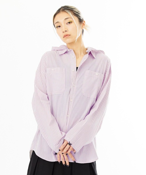 X-girl（エックスガール）の「STRIPED HOODED SHIRT（シャツ/ブラウス・レディース・ピンク/ブラック/ブルー・M/S）」の3枚目の写真