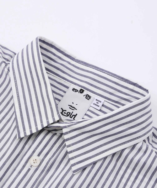 X-girl（エックスガール）の「STRIPED HOODED SHIRT（シャツ/ブラウス・レディース・ピンク/ブラック/ブルー・M/S）」の8枚目の写真