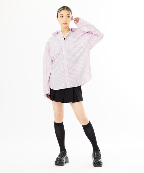 X-girl（エックスガール）の「STRIPED HOODED SHIRT（シャツ/ブラウス・レディース・ピンク/ブラック/ブルー・M/S）」の19枚目の写真