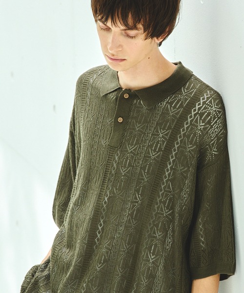 EMMA CLOTHES（エマクローズ）の「レースアミルーズハーフスリーブニットポロシャツ EMMA CLOTHES（ポロシャツ・メンズ・ダークオレンジ/カーキ/ブラック/アイボリー・M/L）」の3枚目の写真