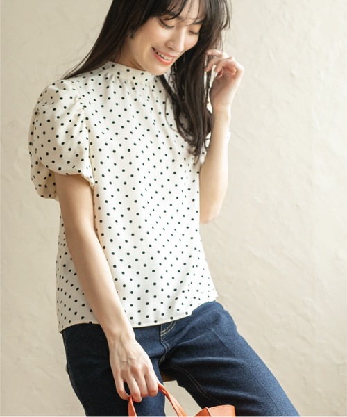 ジャスグリッティーのギャザースリーブフロッキーブラウス ドット柄 ジャスグリッティーのギャザースリーブフロッキーブラウス