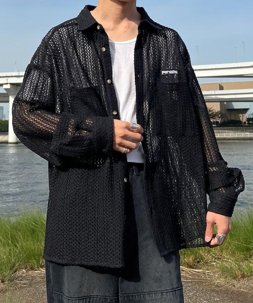 Perushu（ペルーシュ）の「メッシュシアーシャツ（シャツ/ブラウス・メンズ・ブラック/アイボリー・LARGE/MEDIUM）」の3枚目の写真