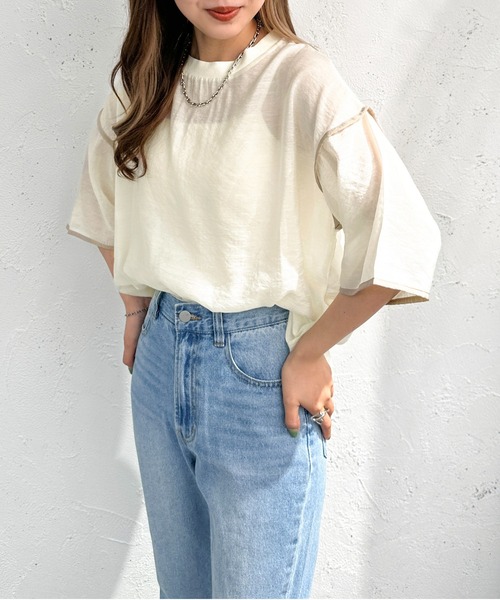 apres jour mignon（アプレジュールミニョン）の「シアーパイピングTシャツ【ZOZOTOWN限定アイテム】（シャツ/ブラウス・レディース・アイボリー/ブルー/グリーン/ブラック・フリー/X-LARGE）」の5枚目の写真