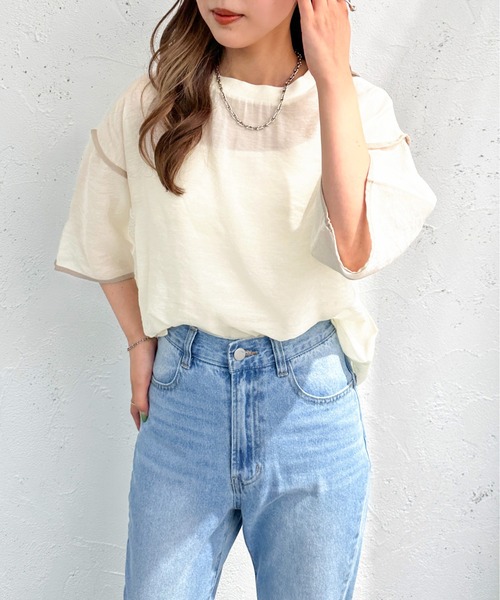 apres jour mignon（アプレジュールミニョン）の「シアーパイピングTシャツ【ZOZOTOWN限定アイテム】（シャツ/ブラウス・レディース・アイボリー/ブルー/グリーン/ブラック・フリー/X-LARGE）」の6枚目の写真