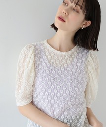 Ray BEAMS | Ray BEAMS / フラワー レース ギャザー スリーブ Tシャツ(Tシャツ/カットソー)