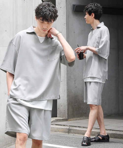 LIL VENDARS(リルヴェンダース)の「【セットアップ 3点セット】テックリネンスキッパ―プルオーバーシャツ&1タックショートパンツ&タンクトップ(セットアップ・メンズ・ネイビー/ブラック/グレー/ブラウン/ベージュ/ブルー・XL/M/L/S)」の3枚目の写真