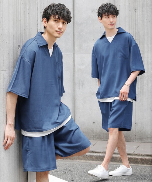 LIL VENDARS(リルヴェンダース)の「【セットアップ 3点セット】テックリネンスキッパ―プルオーバーシャツ&1タックショートパンツ&タンクトップ(セットアップ・メンズ・ネイビー/ブラック/グレー/ブラウン/ベージュ/ブルー・XL/M/L/S)」の1枚目の写真