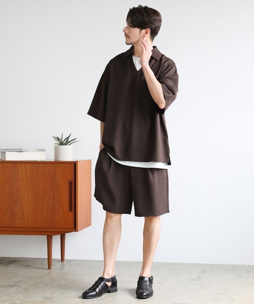 LIL VENDARS(リルヴェンダース)の「【セットアップ 3点セット】テックリネンスキッパ―プルオーバーシャツ&1タックショートパンツ&タンクトップ(セットアップ・メンズ・ネイビー/ブラック/グレー/ブラウン/ベージュ/ブルー・XL/M/L/S)」の7枚目の写真