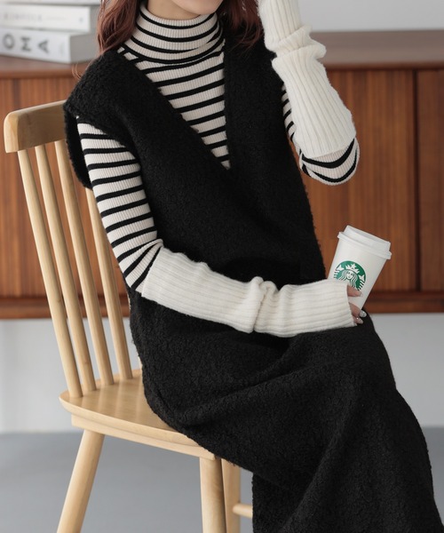 nouvellemoi（ヌーベルモイ）の「フェイクリングウールVネックジャンパースカート（ジャンパースカート・レディース・グレー/ベージュ系その他/ブラック・L/S/M）」の7枚目の写真