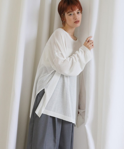 select MOCA(セレクトモカ)の「シアーボートネックルーズニット(ニット/セーター・レディース・ブラウン/ブラック/ブルー/オフホワイト・FREE)」の13枚目の写真