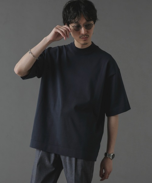 NANO universe（ナノユニバース）の「プレーティングニットリラックスモックネック 半袖（Tシャツ/カットソー・メンズ・ブラック/ネイビー/ホワイト・L/M/S）」の3枚目の写真