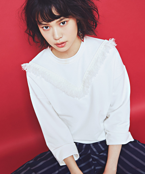 WEGO（ウィゴー）の「WEGO/ フリンジ7分袖スウェット（スウェット・レディース・ブラック/カーキ/オフホワイト・FREE）」の2枚目の写真