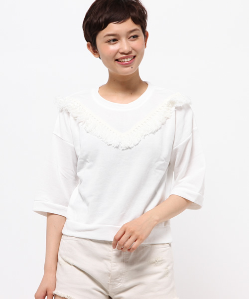 WEGO（ウィゴー）の「WEGO/ フリンジ7分袖スウェット（スウェット・レディース・ブラック/カーキ/オフホワイト・FREE）」の4枚目の写真