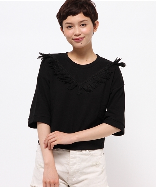 WEGO（ウィゴー）の「WEGO/ フリンジ7分袖スウェット（スウェット・レディース・ブラック/カーキ/オフホワイト・FREE）」の5枚目の写真