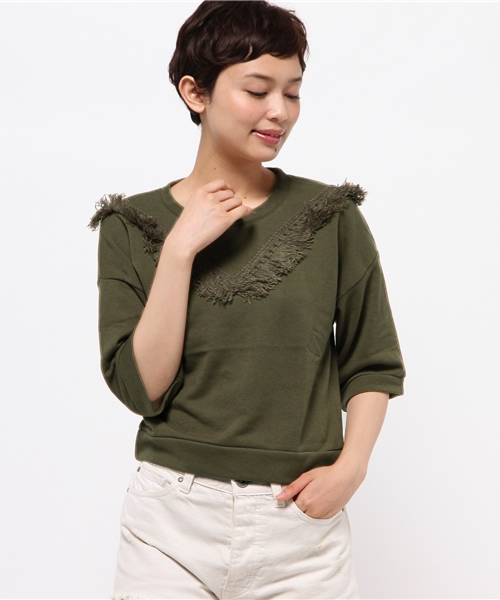 WEGO（ウィゴー）の「WEGO/ フリンジ7分袖スウェット（スウェット・レディース・ブラック/カーキ/オフホワイト・FREE）」の6枚目の写真