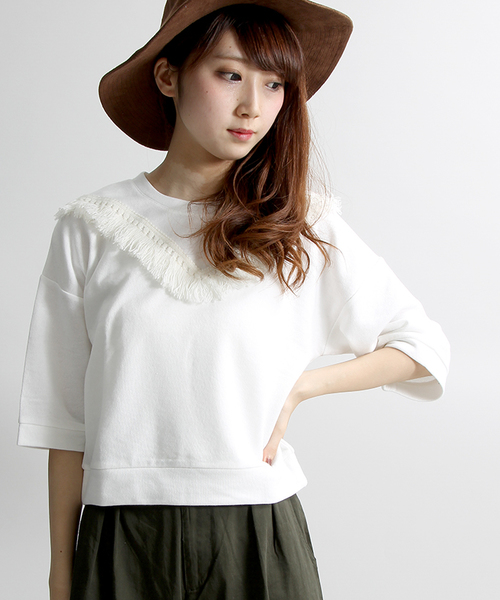 WEGO（ウィゴー）の「WEGO/ フリンジ7分袖スウェット（スウェット・レディース・ブラック/カーキ/オフホワイト・FREE）」の14枚目の写真