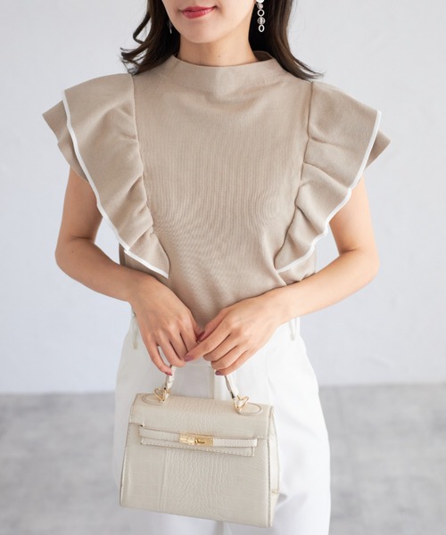 tocco closet（トッコ　クローゼット）の「【ZOZO限定】レイヤードフリルスリーブノースリーブニット（Tシャツ/カットソー・レディース・ベージュ系その他/ブラック/ピンク系その他/ホワイト×ブラック・M）」の21枚目の写真