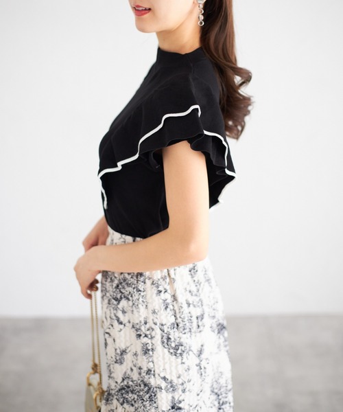 tocco closet（トッコ　クローゼット）の「【ZOZO限定】レイヤードフリルスリーブノースリーブニット（Tシャツ/カットソー・レディース・ベージュ系その他/ブラック/ピンク系その他/ホワイト×ブラック・M）」の9枚目の写真