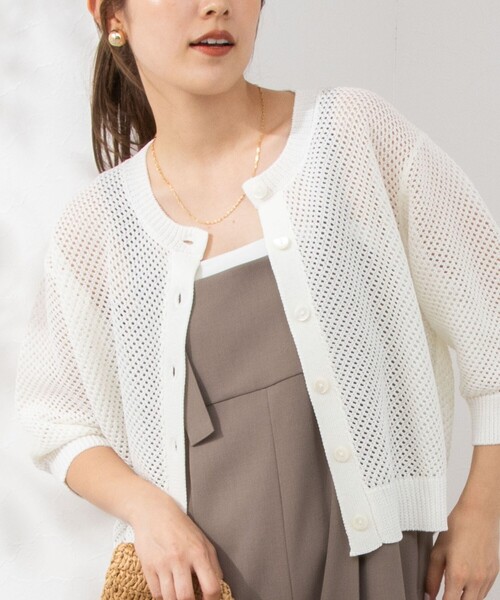 NOLLEY’S（ノーリーズ）の「《手洗い可能》メッシュ5分袖カーディガン（カーディガン/ボレロ・レディース・オフホワイト/ブラック/グリーン・38）」の2枚目の写真