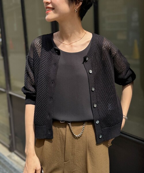 NOLLEY’S（ノーリーズ）の「《手洗い可能》メッシュ5分袖カーディガン（カーディガン/ボレロ・レディース・オフホワイト/ブラック/グリーン・38）」の3枚目の写真