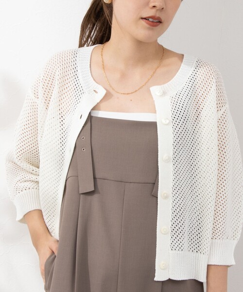 NOLLEY’S（ノーリーズ）の「《手洗い可能》メッシュ5分袖カーディガン（カーディガン/ボレロ・レディース・オフホワイト/ブラック/グリーン・38）」の6枚目の写真