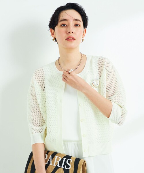 NOLLEY’S（ノーリーズ）の「《手洗い可能》メッシュ5分袖カーディガン（カーディガン/ボレロ・レディース・オフホワイト/ブラック/グリーン・38）」の12枚目の写真