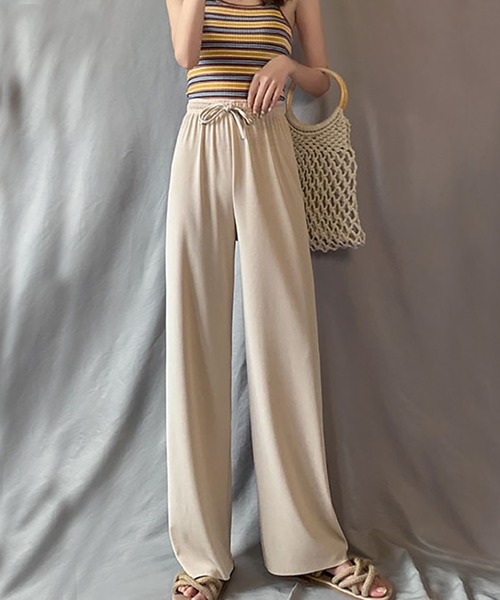 Lace Ladies（レースレディース）の「ソリッドカラー ワイド ストレート イージー ロングパンツ 水着 水陸両用（ラッシュガード・レディース・ベージュ/ブラック/アイボリー/グリーン/ブルー/グレー・FREE）」の2枚目の写真