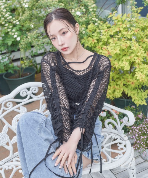 ANDGEEBEE（アンジービー）の「ドロストメッシュトップス（その他トップス・レディース・ブラック/ホワイト・FREE）」の4枚目の写真