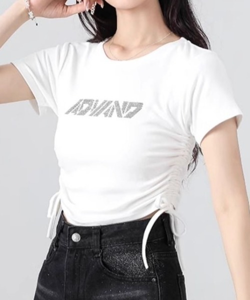 LADY LIKE(レディライク)の「サイドリボンラインストーンロゴTシャツ(Tシャツ/カットソー・レディース・ブラック/ホワイト・M)」の7枚目の写真